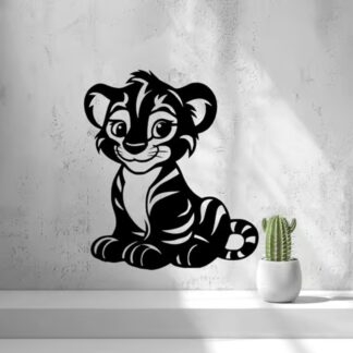 Smiling baby tiger wall art with bold stripes and a curled tail