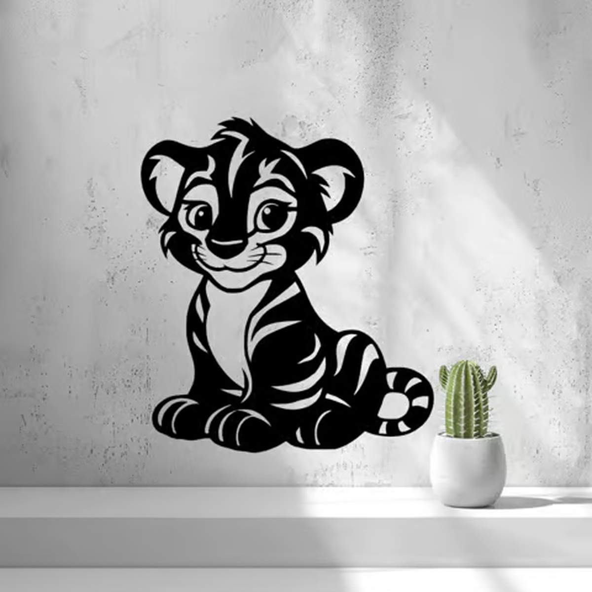 Smiling baby tiger wall art with bold stripes and a curled tail