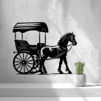 Horse and covered carriage silhouette wall art with spoked wheels