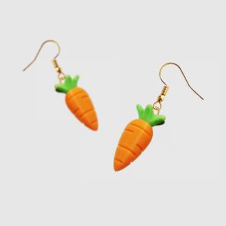 Orange carrot earrings with green leafy tops and hook fittings