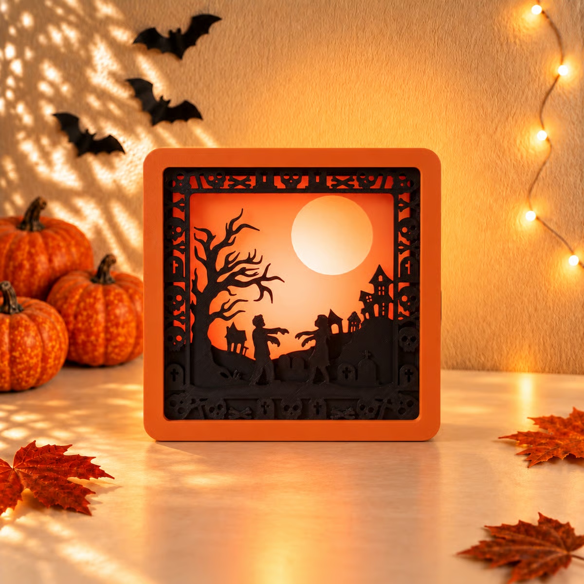 Layered cemetery lamp with a full moon, zombies and skull border