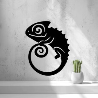 Black chameleon silhouette wall art displayed on a light textured wall